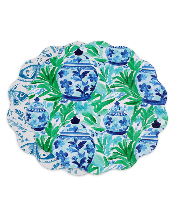 Vida Ginger Jar & Butterflies Reversible Round Placemats Set 4 Blue &