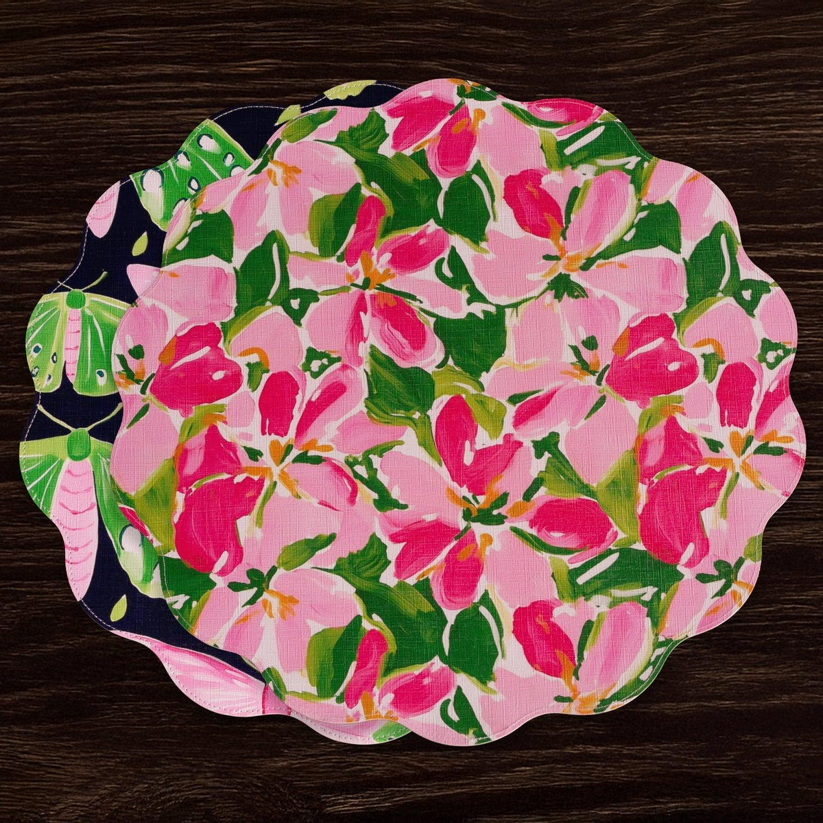 Vida Butterflies & Flowers Reversible Round Placemats Set 4 (Pink & - Placemat Texture Detail | Bone & Brass