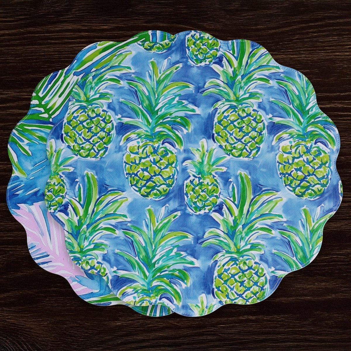 Pineapples & Palms Reversible Round Placemats Set of 4 - Placemat Side View | Bone & Brass
