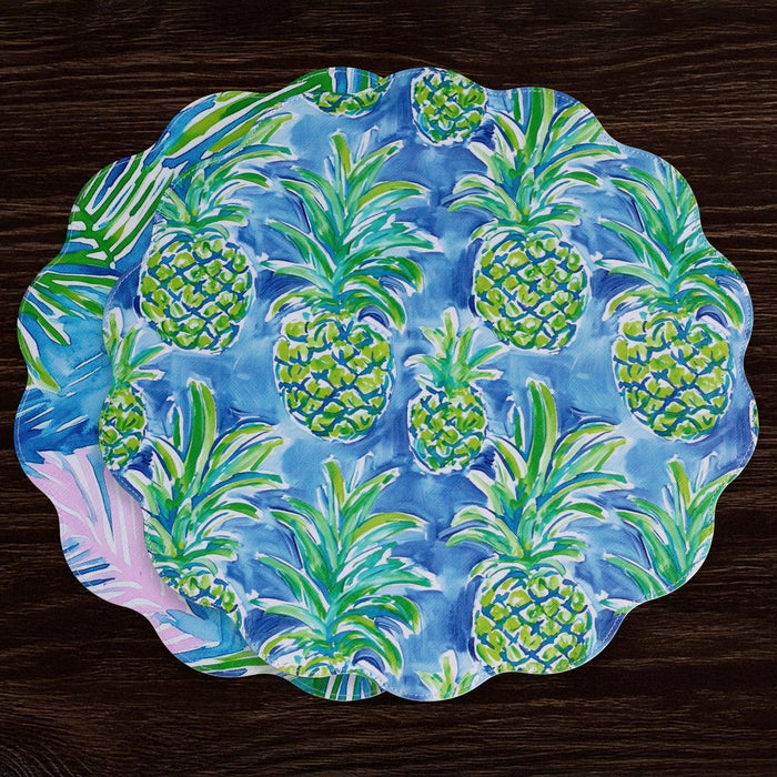 Vida Pineapples & Palms Reversible Round Placemats Set 4 (Blue &