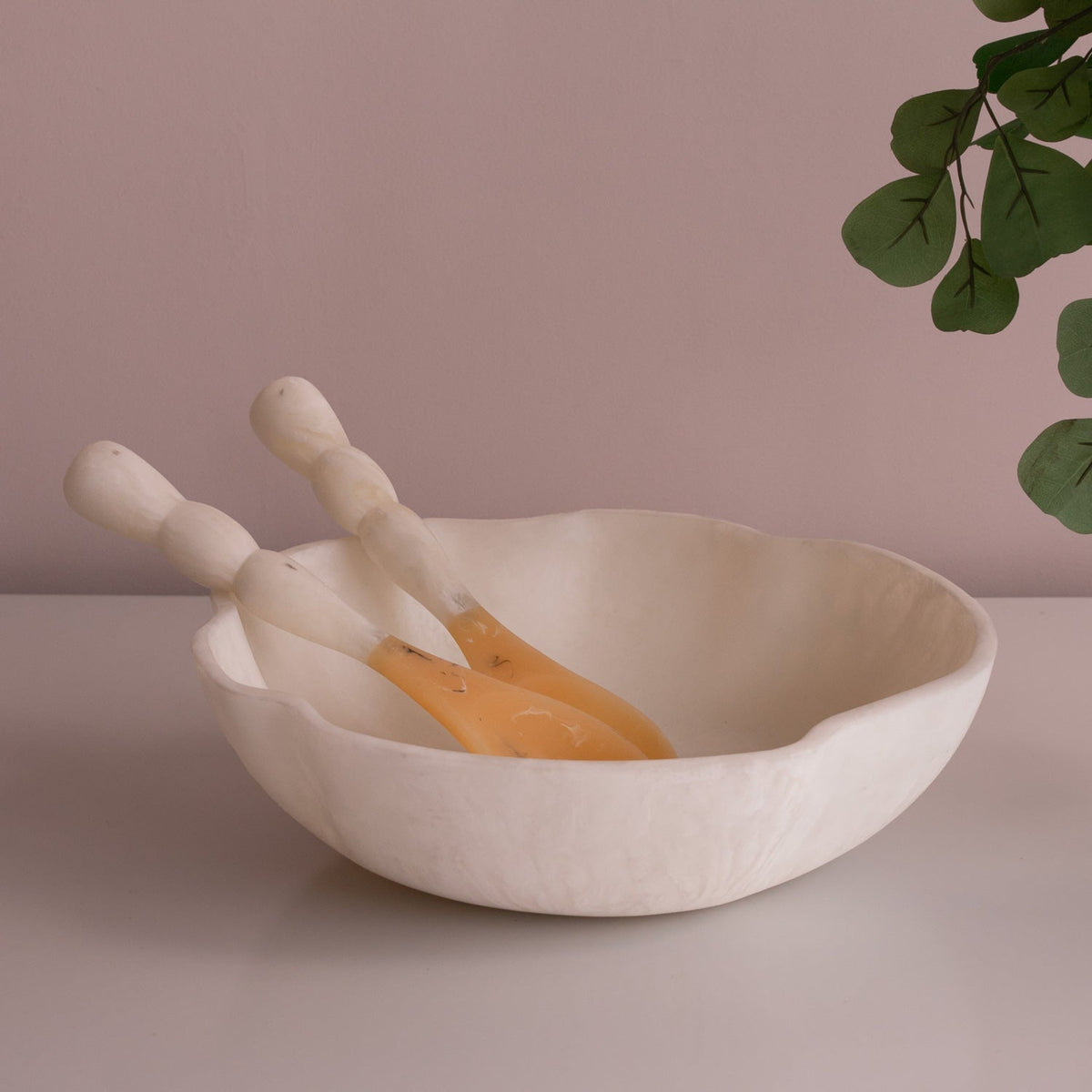 Resin Beige & White Salad Servers - Handle Detail | Bone & Brass