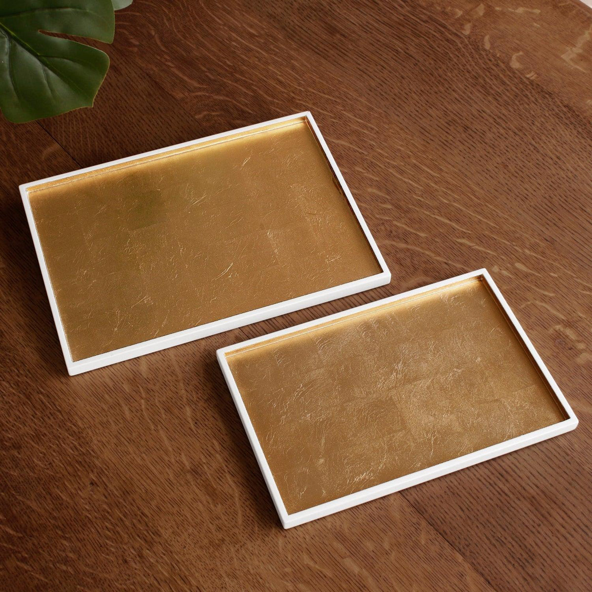 Indochine Rectangle Lacquered Trays Set 2 White Gold - Tray Top View | Bone & Brass