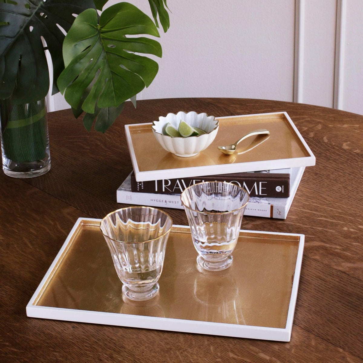 Indochine Rectangle Lacquered Trays Set 2 White Gold - Tray View | Bone & Brass