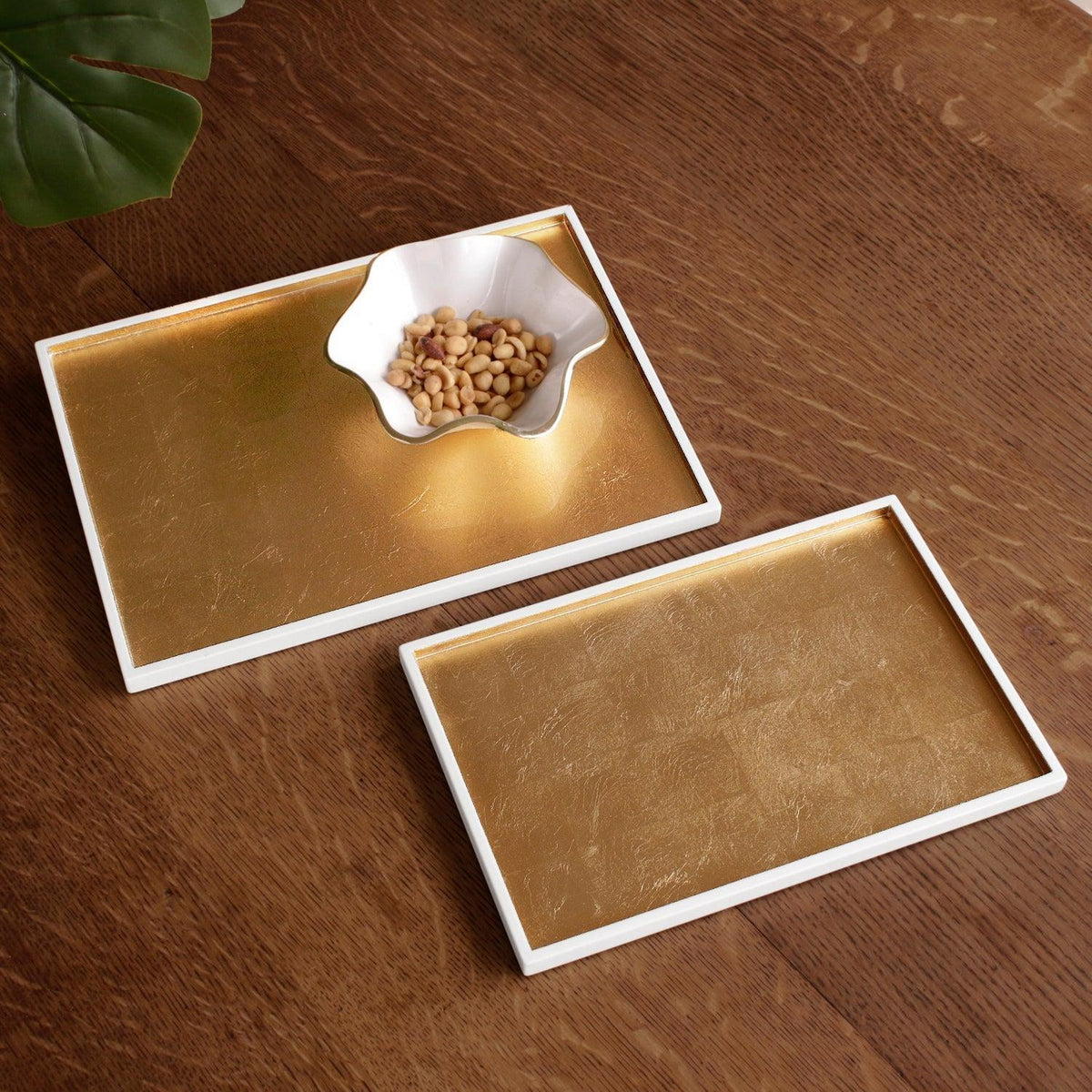 Indochine Rectangle Lacquered Trays Set 2 White Gold - Tray Side View | Bone & Brass