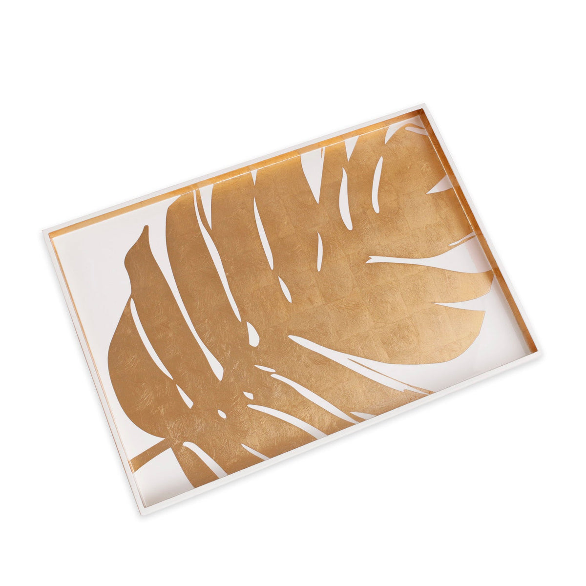 Indochine Large Lacquered PhilodendronTray White Gold | Bone & Brass