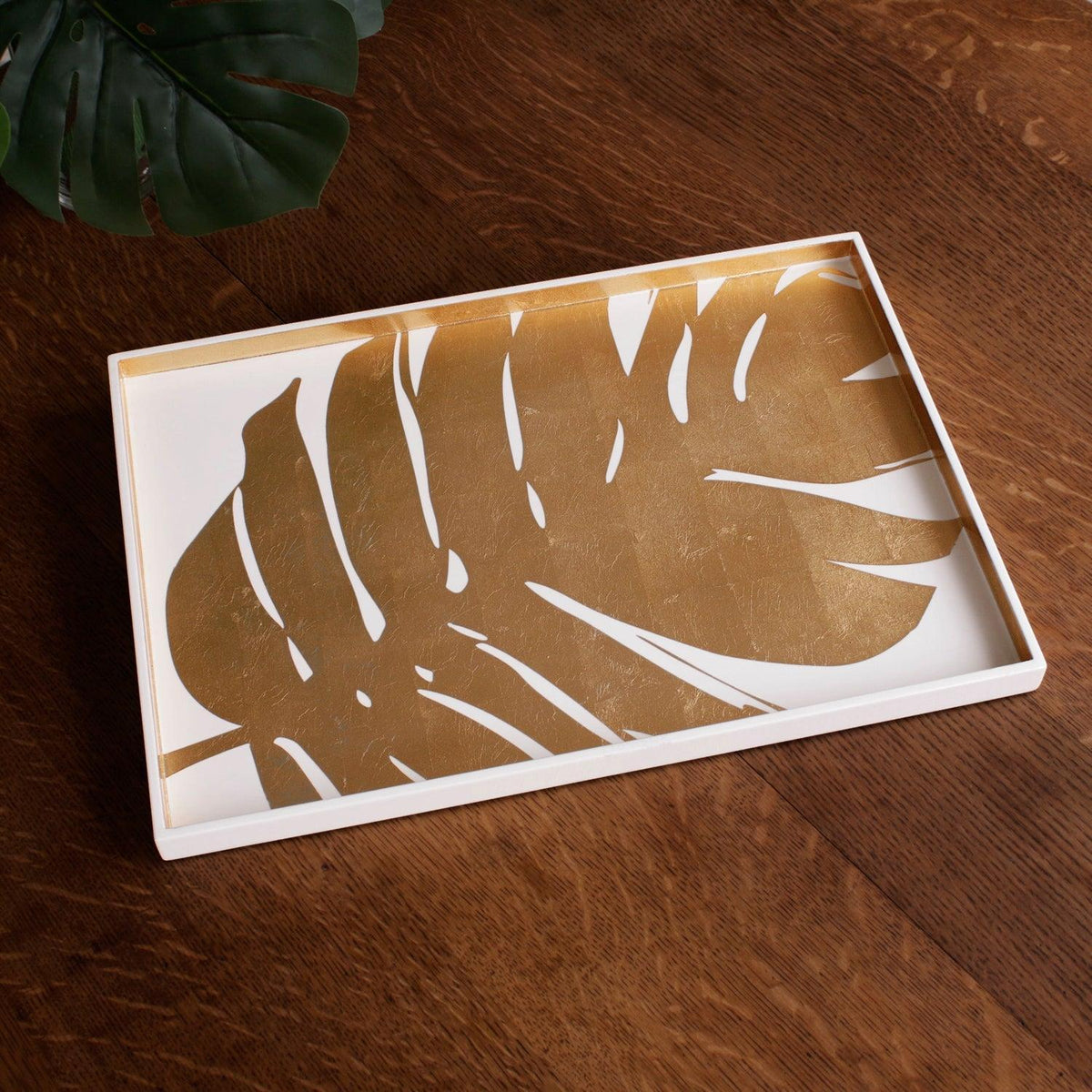 Indochine Large Lacquered PhilodendronTray White Gold - Tray Top View | Bone & Brass