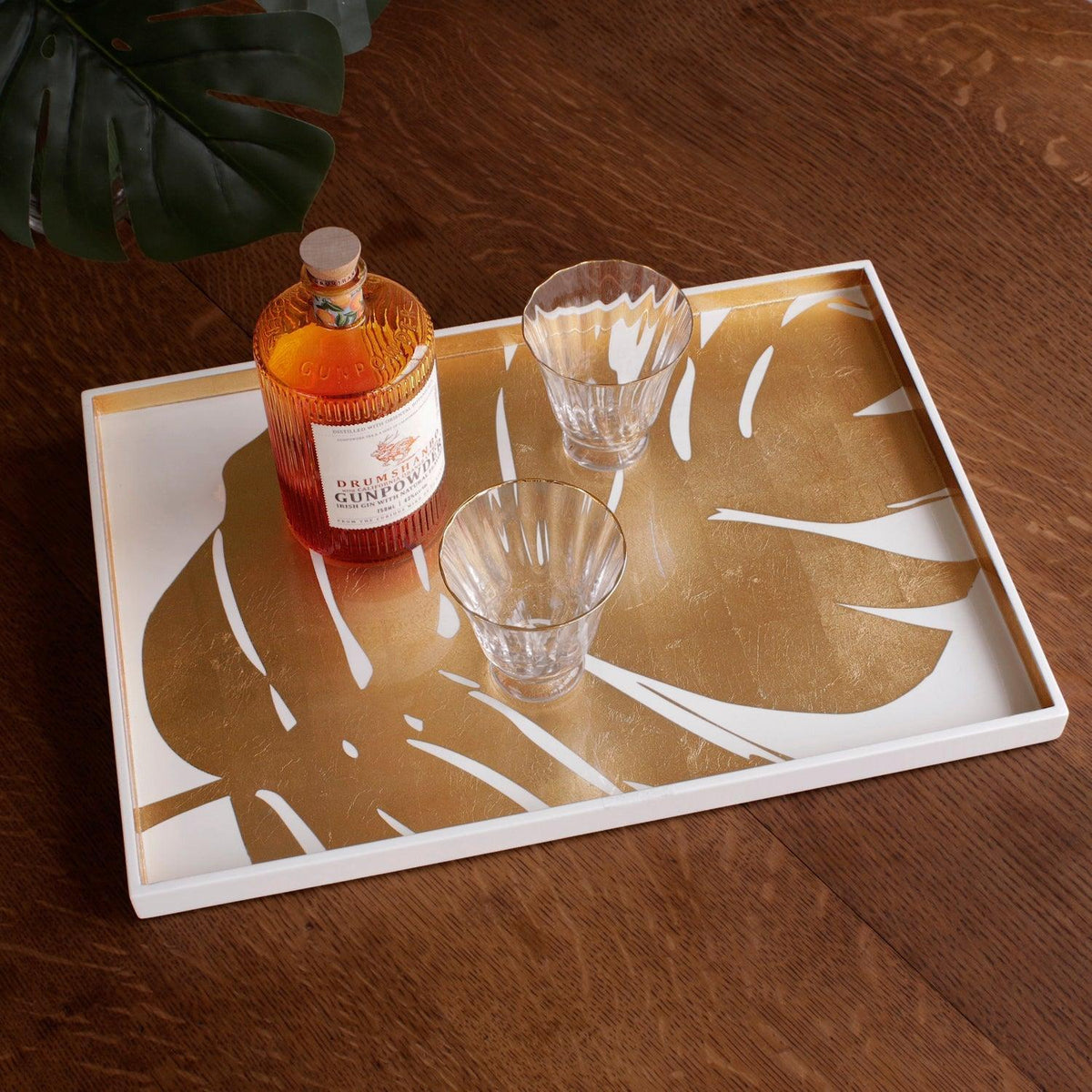 Indochine Large Lacquered PhilodendronTray White Gold - Tray Detail | Bone & Brass