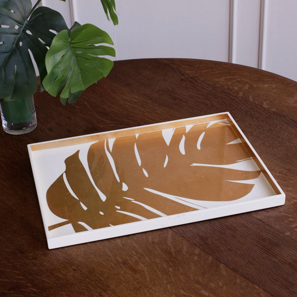 Indochine Large Lacquered PhilodendronTray White Gold - Tray Detail | Bone & Brass
