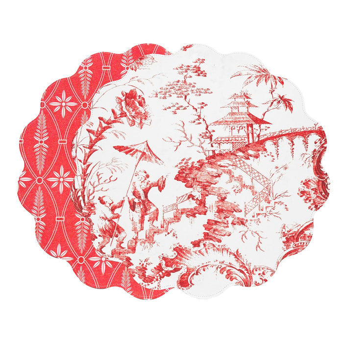Red & White Chinoiserie and Trellis Reversible Round Placemats Set of 4