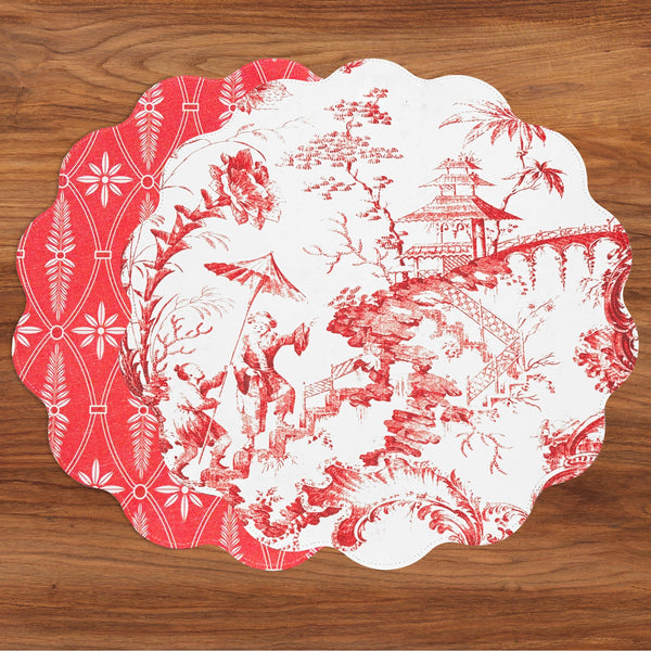 Red & White Chinoiserie and Trellis Reversible Round Placemats Set of 4