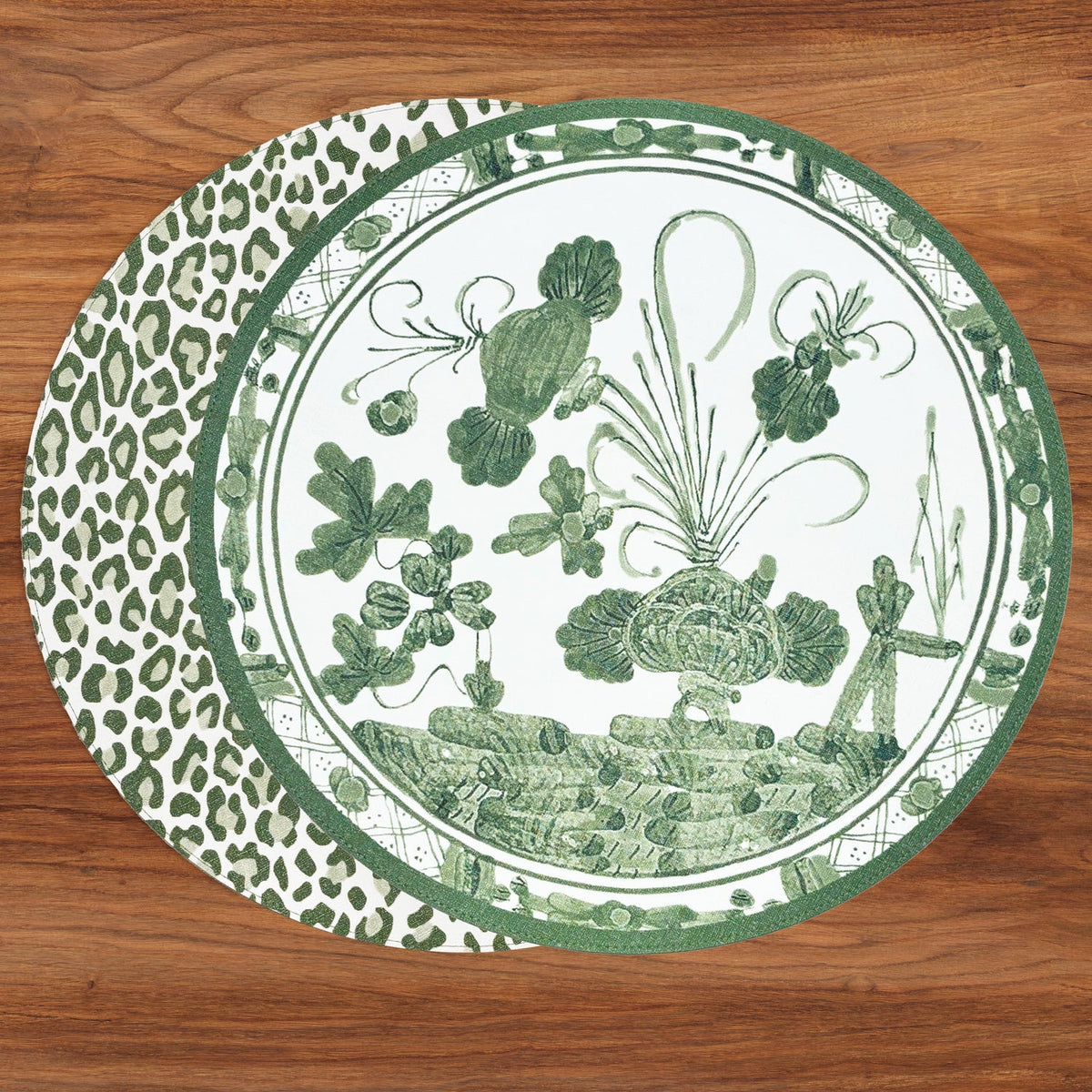 Faenza and Leopard Green & White Reversible Round Placemats Set of 4