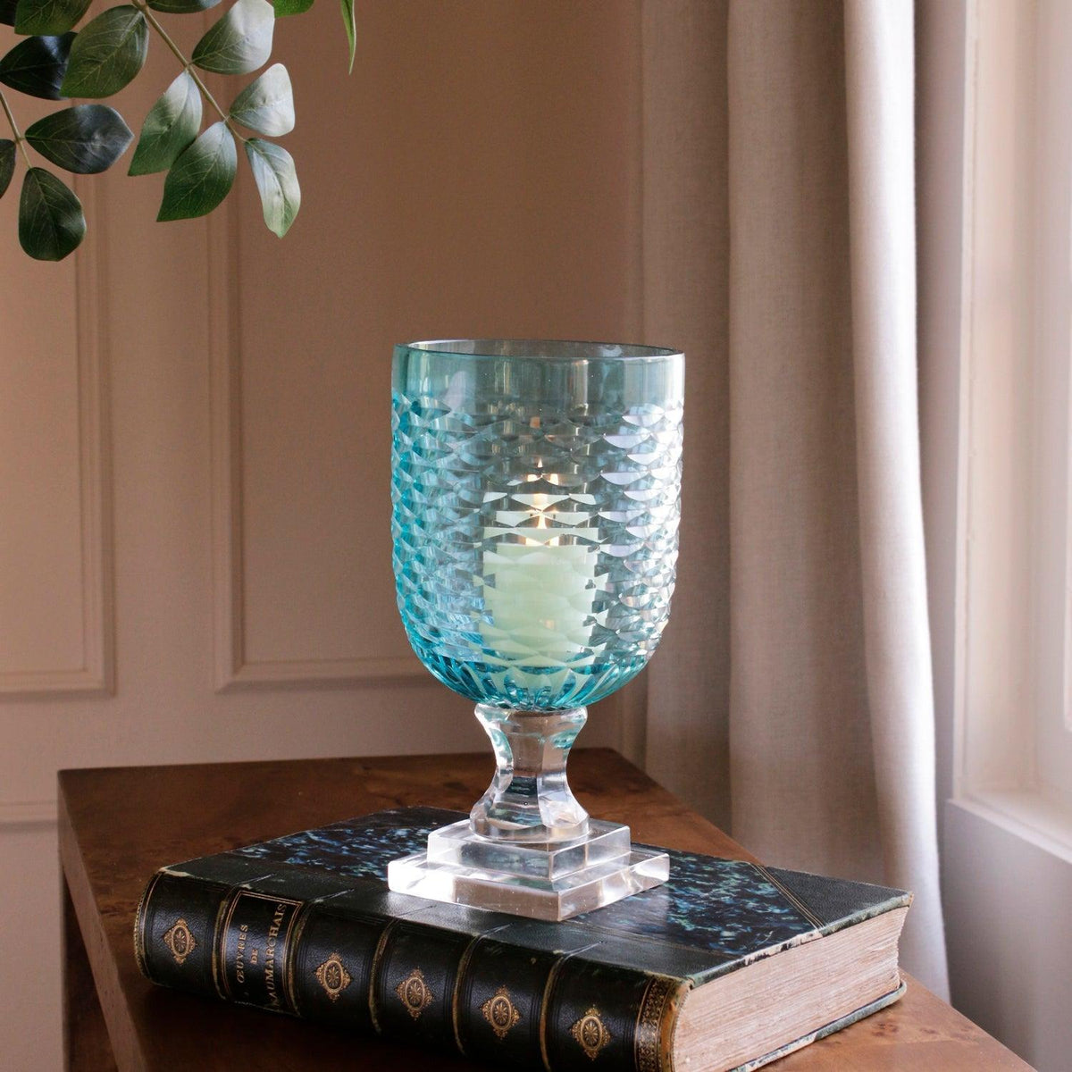 Glass Eclat Small Hurricane Pale Blue & Clear - Hurricane Side View | Bone & Brass
