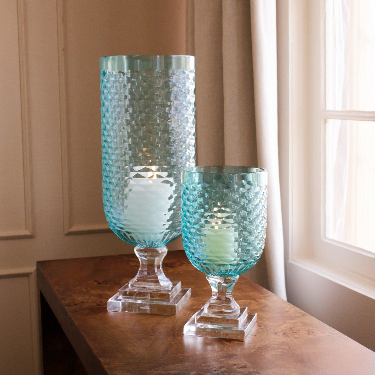 Glass Eclat Small Hurricane Pale Blue & Clear - Hurricane Detail | Bone & Brass