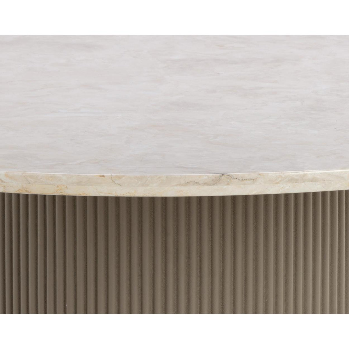 Cataldi Taupe Leather Base & Marble Tabletop Round Dining Table - Table Detail | Bone & Brass