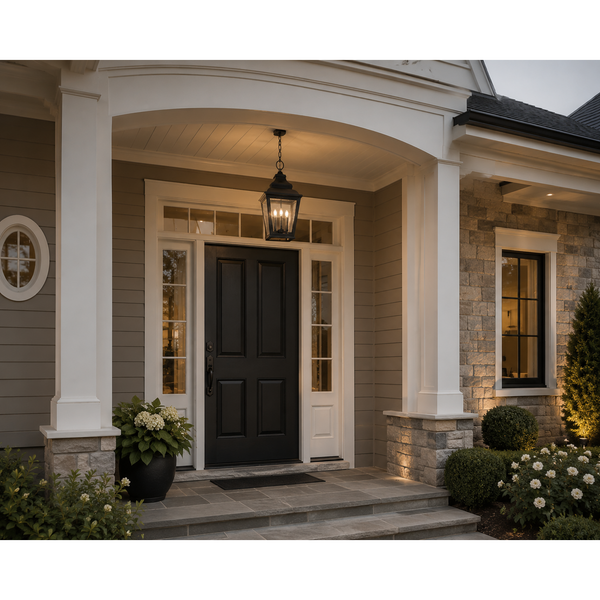 Front entrance of a house with a black door and white columns