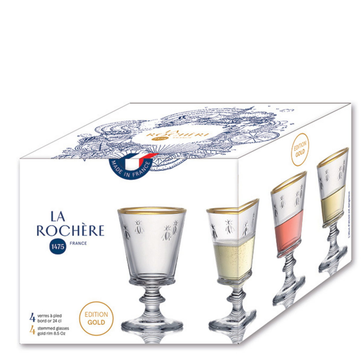 Gold-Rim Bee Wine Glasses — Set of 4