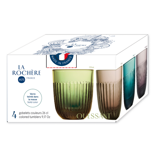 Box of La Rochere colored tumblers with four different colored glasses on a white background.