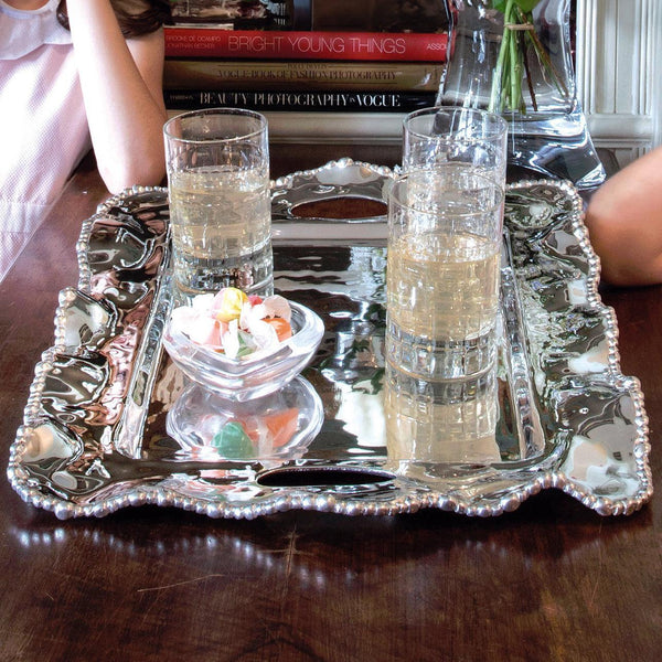 Silver Organic Pearl Medium Rectangular Tray w/ Handles
