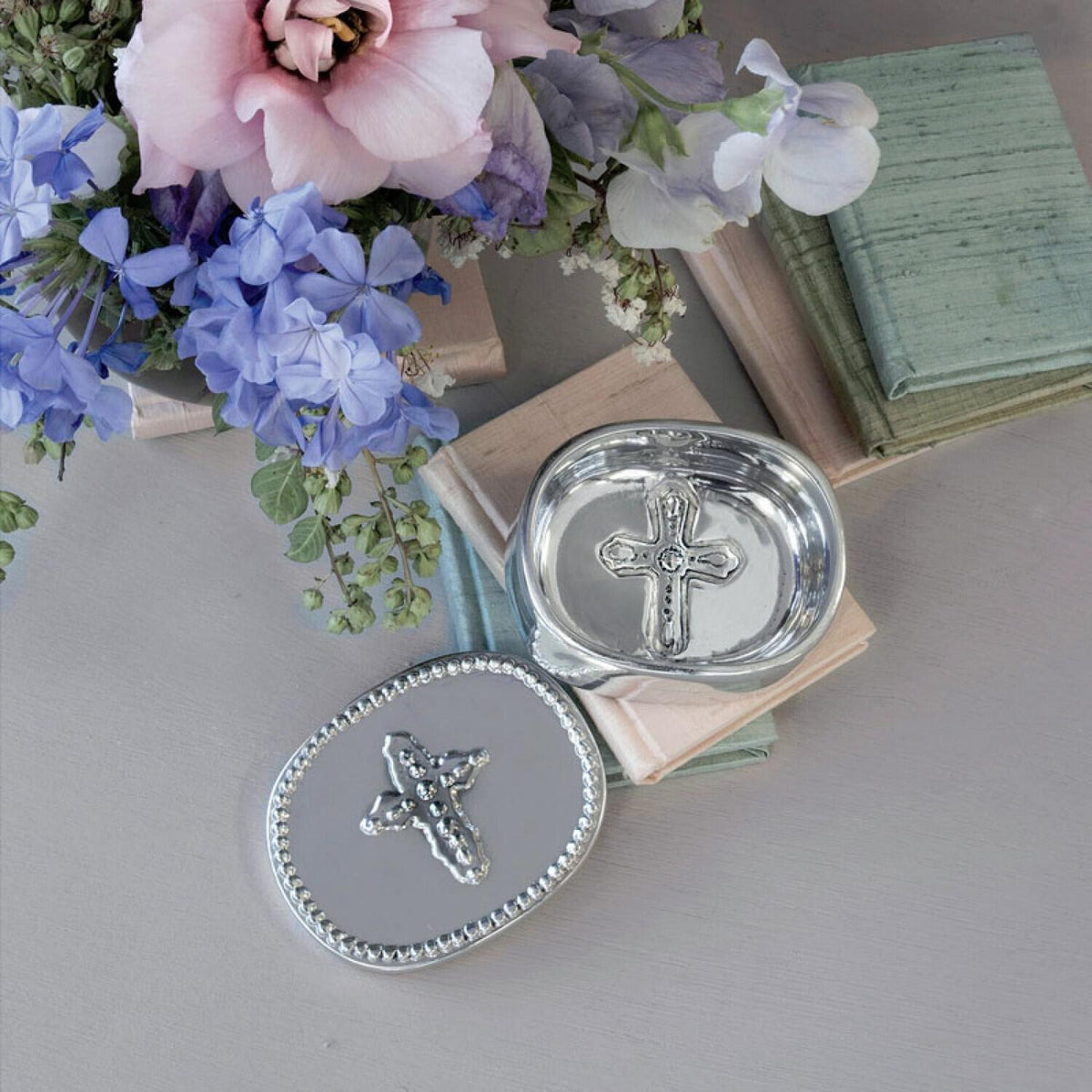 Silver Cross Oval Keepsake Box