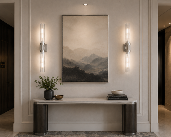 Modern interior with a console table, wall art, and lighting fixtures.