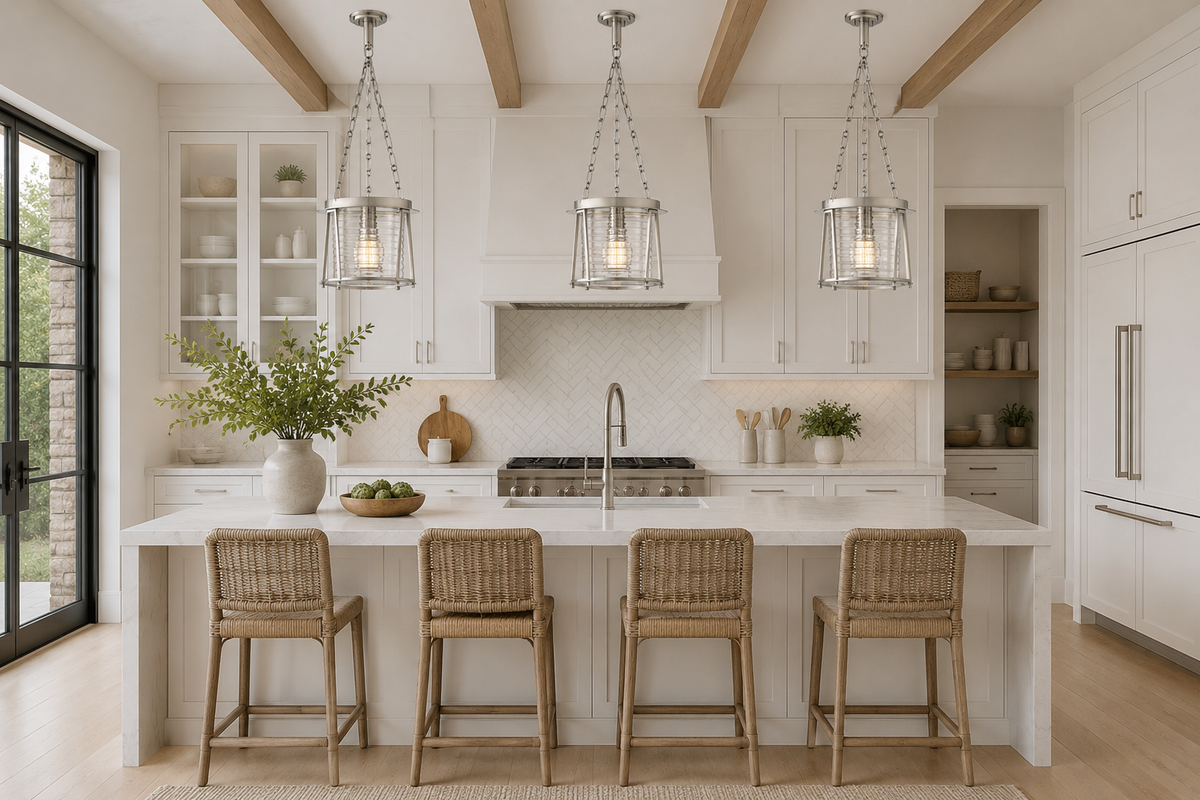 Modern kitchen with white island, bar stools, and pendant lights.