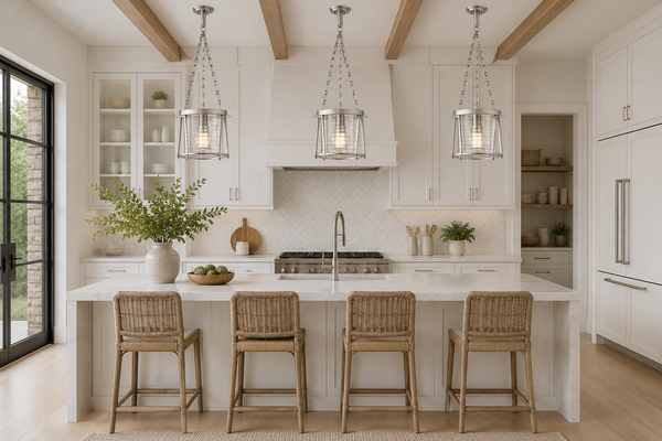 Modern kitchen with white island, bar stools, and pendant lights.