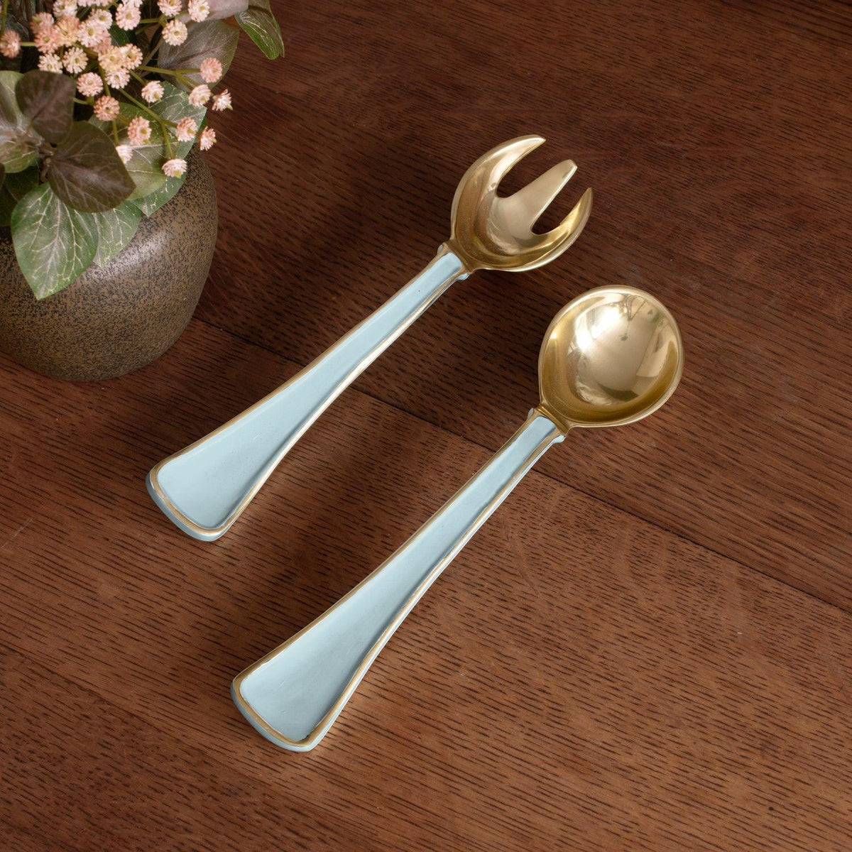 Encanto Soho Salad Servers (Sky Blue) - Handle Detail | Bone & Brass