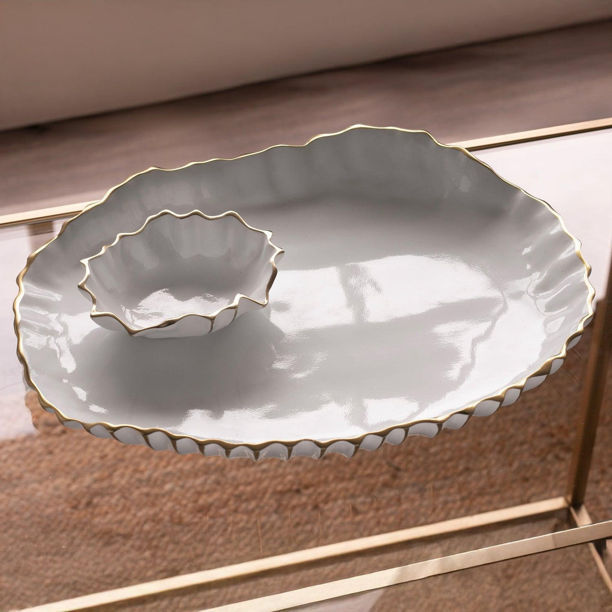 White & Gold Large Oval Serving Platter w/ Mini Bowl