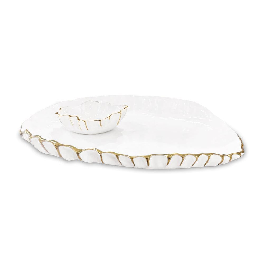 White & Gold Large Oval Serving Platter w/ Mini Bowl