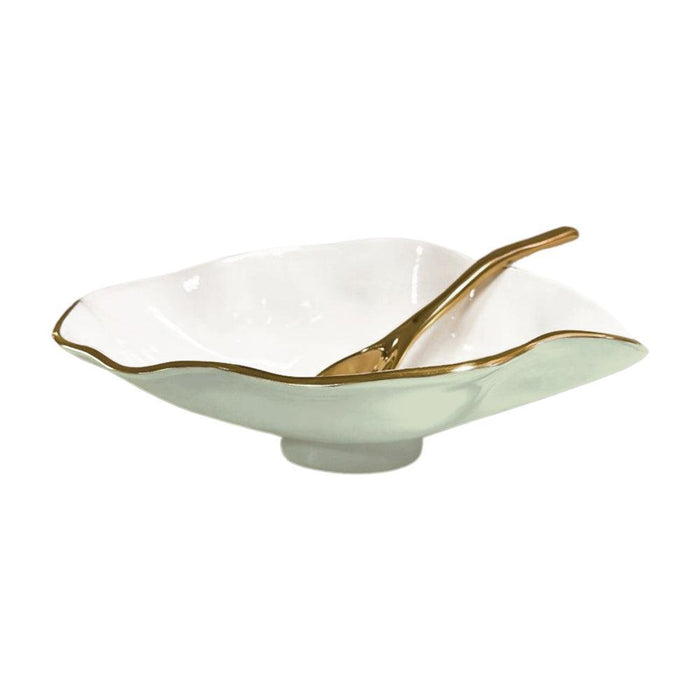 Pistachio Green, White & Gold Oval Serving Bowl with Spoon