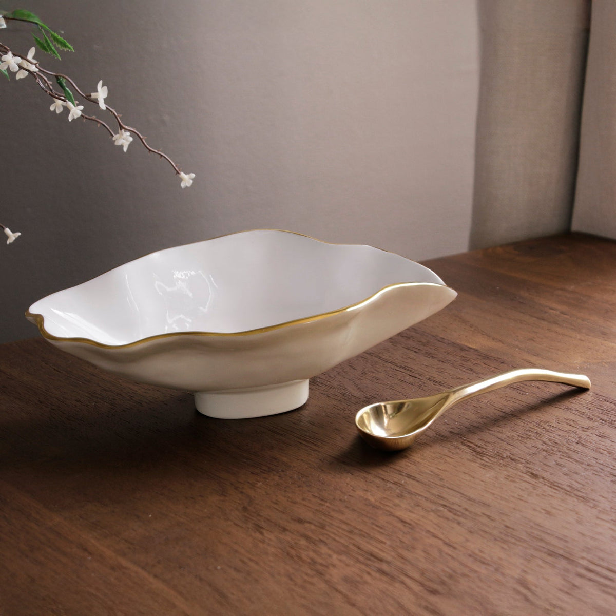 Encanto Claire Small Oval Bowl Spoon (Cream, White Gold) - Bowl Top View | Bone & Brass
