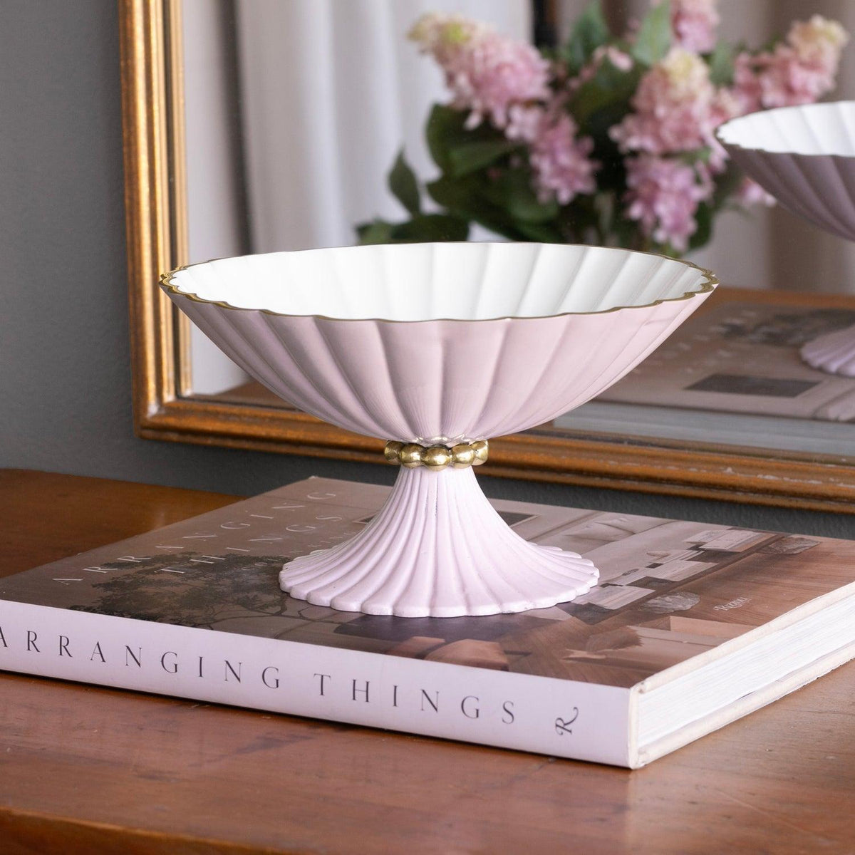 Blush Pink & White Vienna Small Pedestal Bowl - Bowl Top View | Bone & Brass