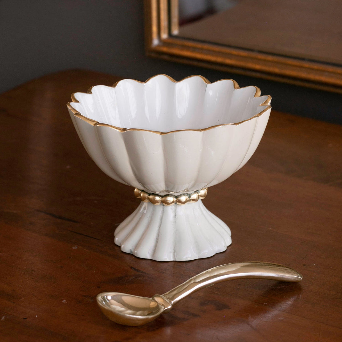 Encanto Vienna Mini Pedestal Serving Bowl, Cream & White - Bowl Top View | Bone & Brass