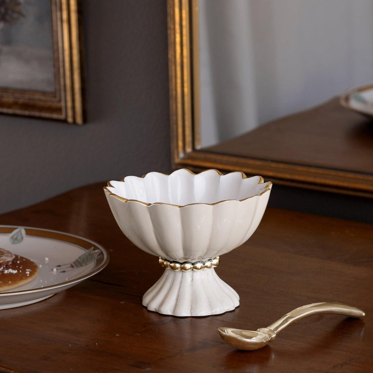 Encanto Vienna Mini Pedestal Serving Bowl, Cream & White - Bowl Detail | Bone & Brass