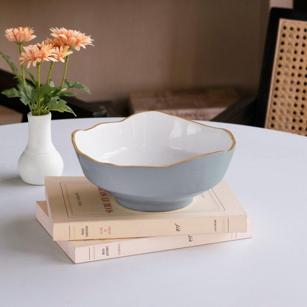 Encanto Slate Blue & White Dakota Small Serving Bowl - Bowl Top View | Bone & Brass