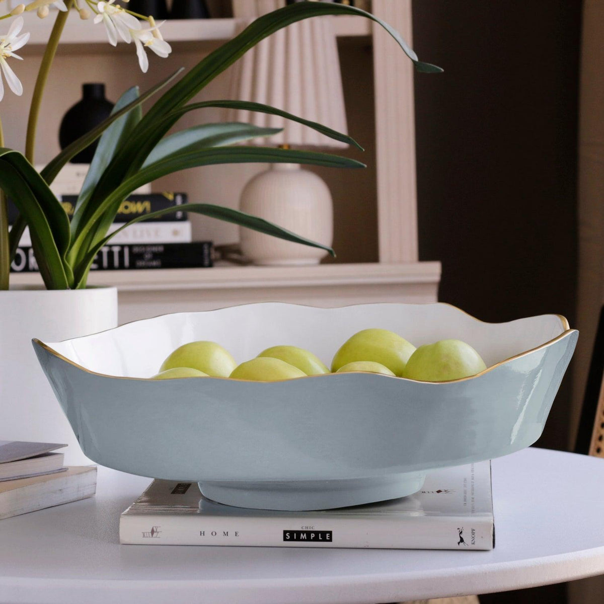 Encanto Dakota Slate Blue & White Large Serving Bowl - Bowl Detail | Bone & Brass