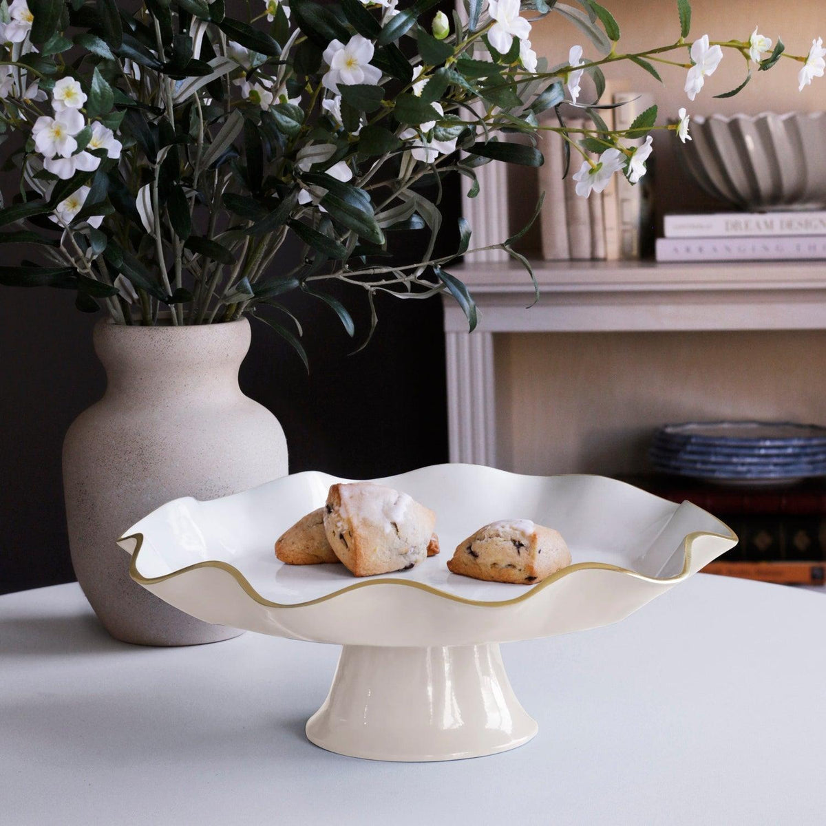 Encanto Carola Pedestal Cake Plate (Cream White) - Cake Plate Side View | Bone & Brass