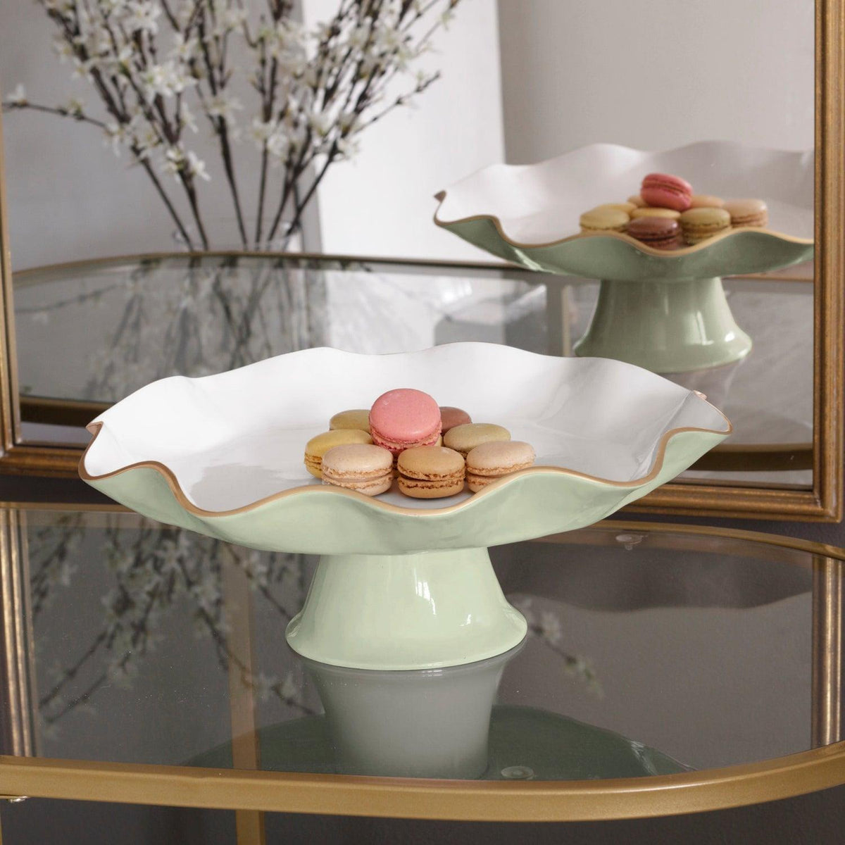 Encanto Pistachio Green & White Pedestal Cake Plate - Cake Plate Detail | Bone & Brass