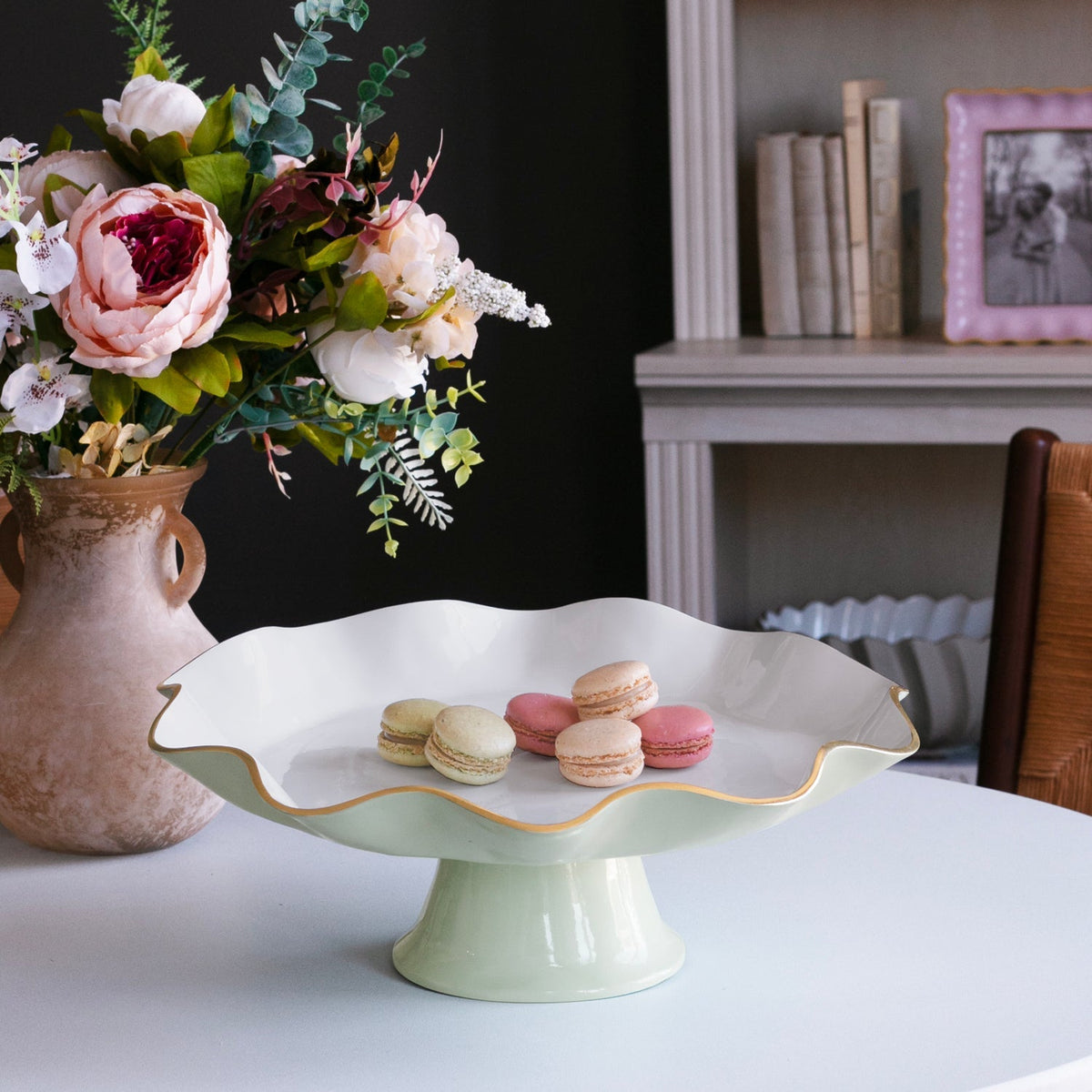 Encanto Pistachio Green & White Pedestal Cake Plate - Cake Plate Detail | Bone & Brass
