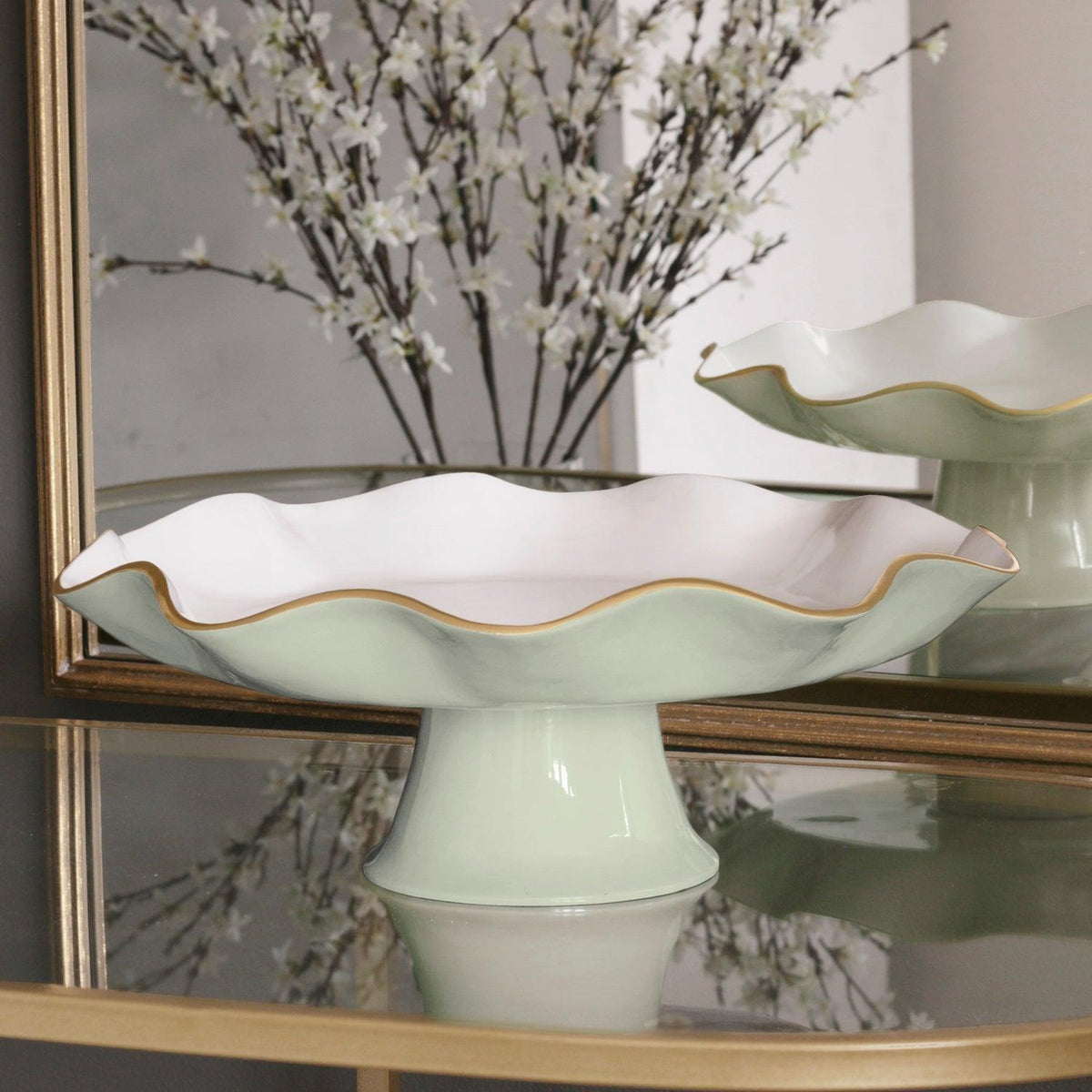 Encanto Pistachio Green & White Pedestal Cake Plate - Cake Plate View | Bone & Brass