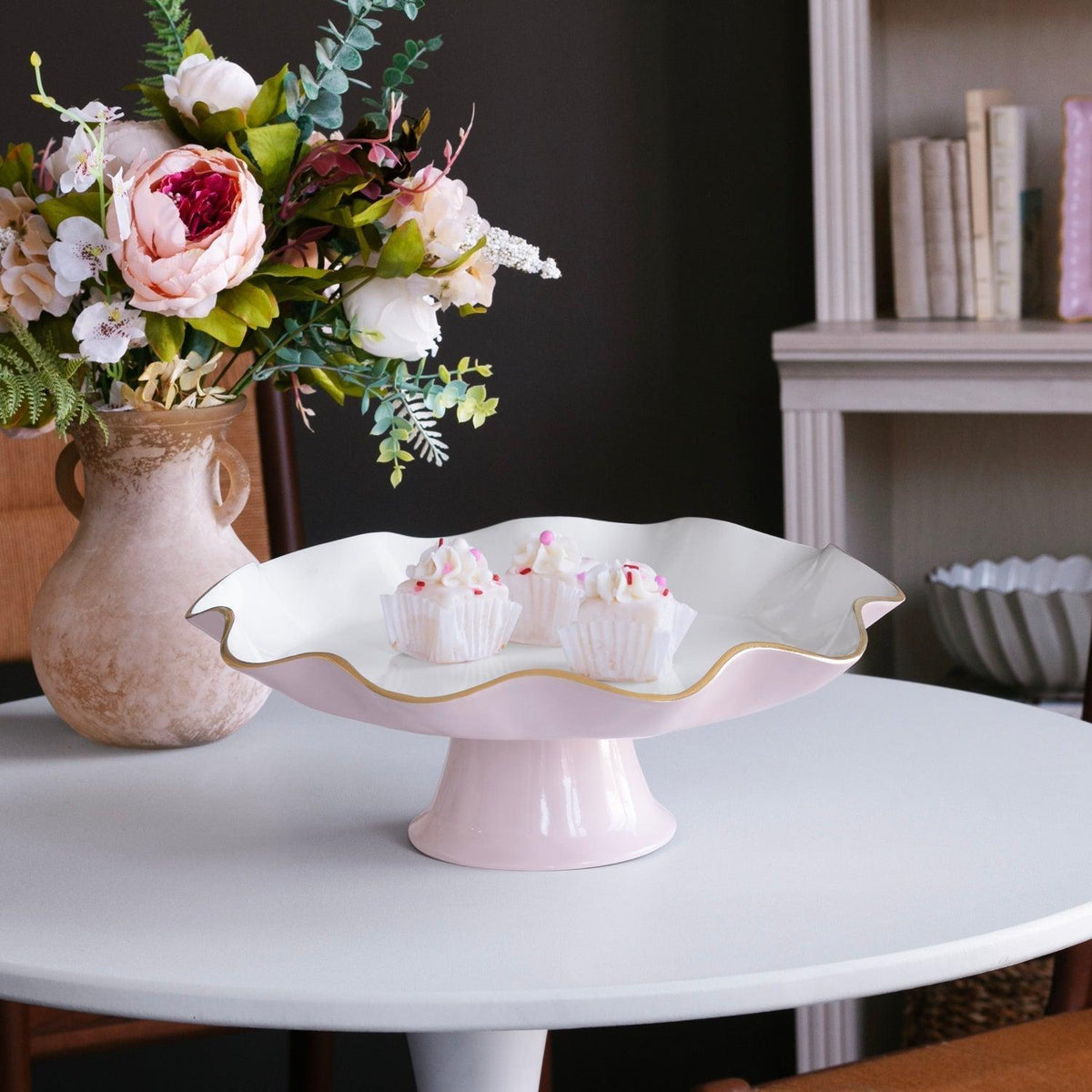 Encanto Carola Pedestal Cake Plate (Camellia White) - Cake Plate Side View | Bone & Brass