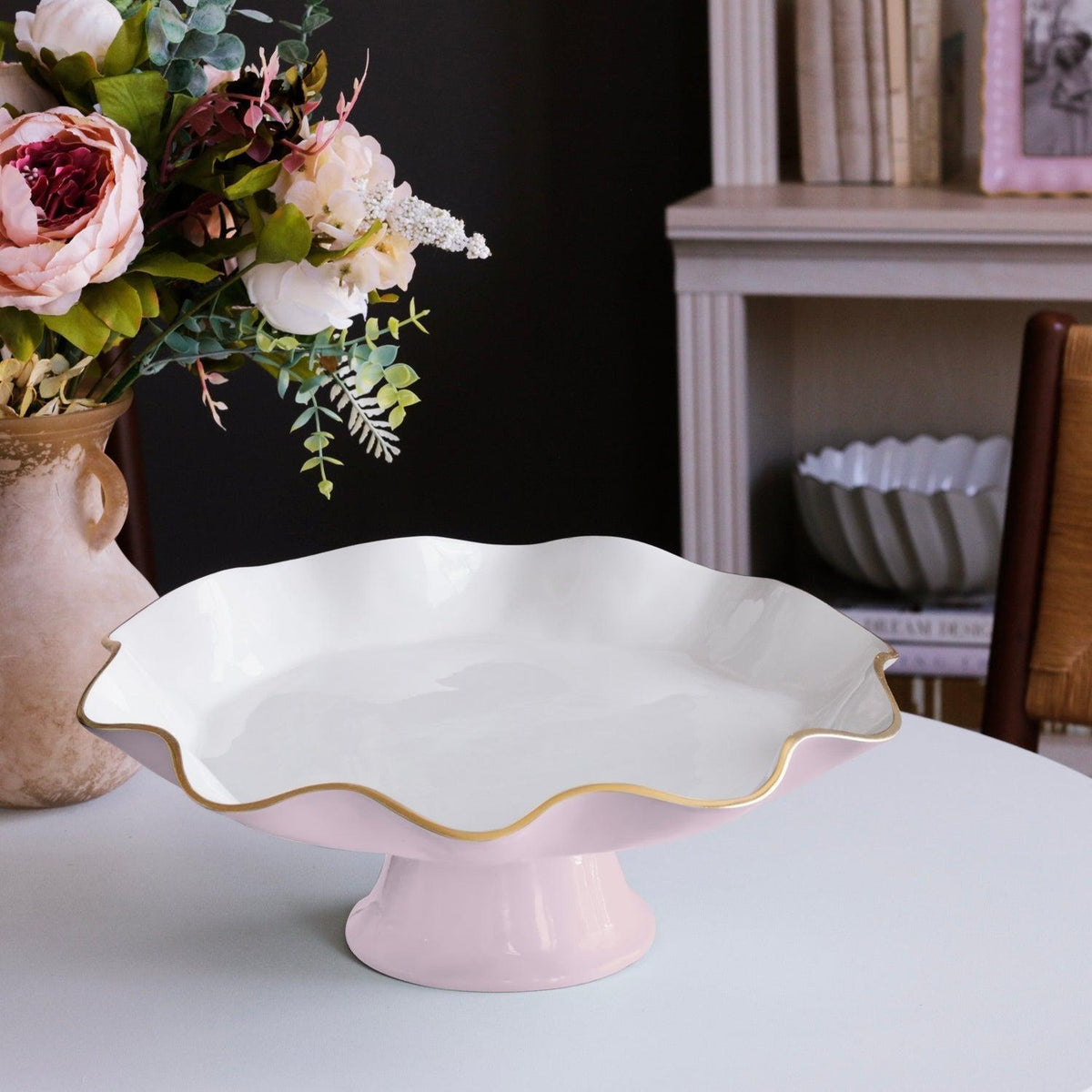 Encanto Carola Pedestal Cake Plate (Camellia White) - Cake Plate Side View | Bone & Brass