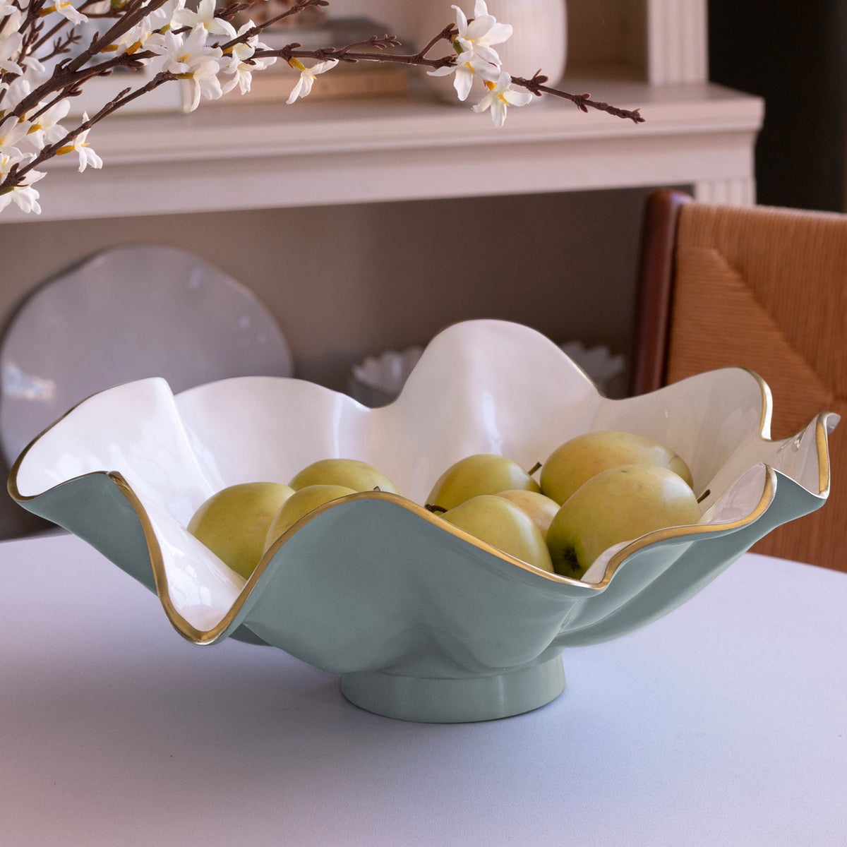 Slate Blue & White Aries Ruffled Serving Bowl - Bowl Top View | Bone & Brass