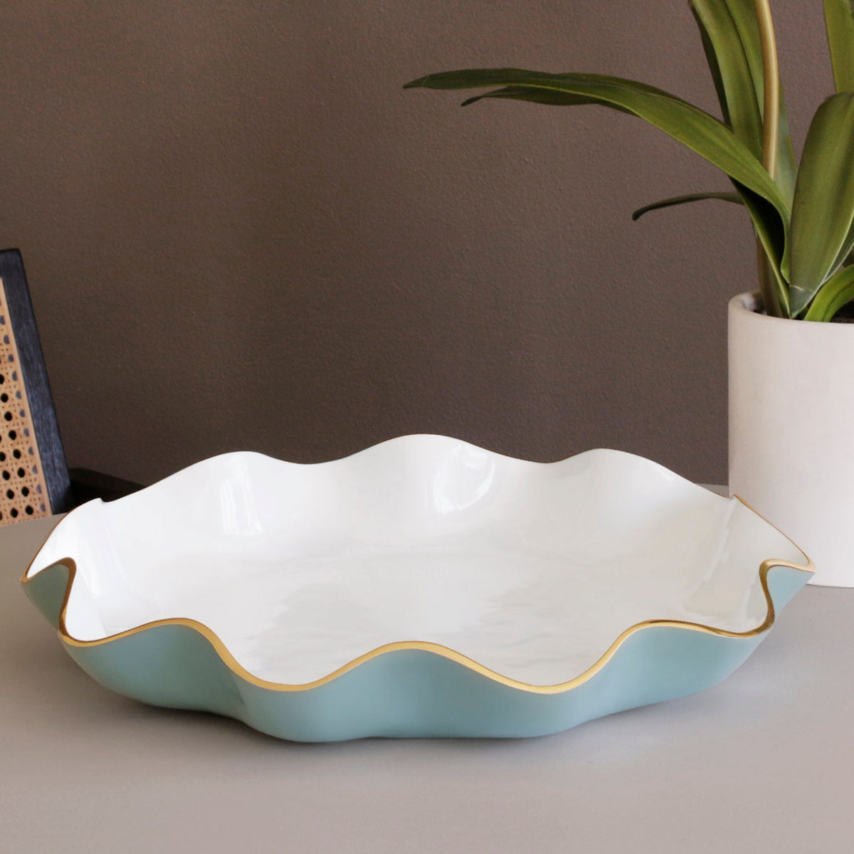Encanto Turquoise, White & Gold Large Round Serving Platter - Platter Top View | Bone & Brass