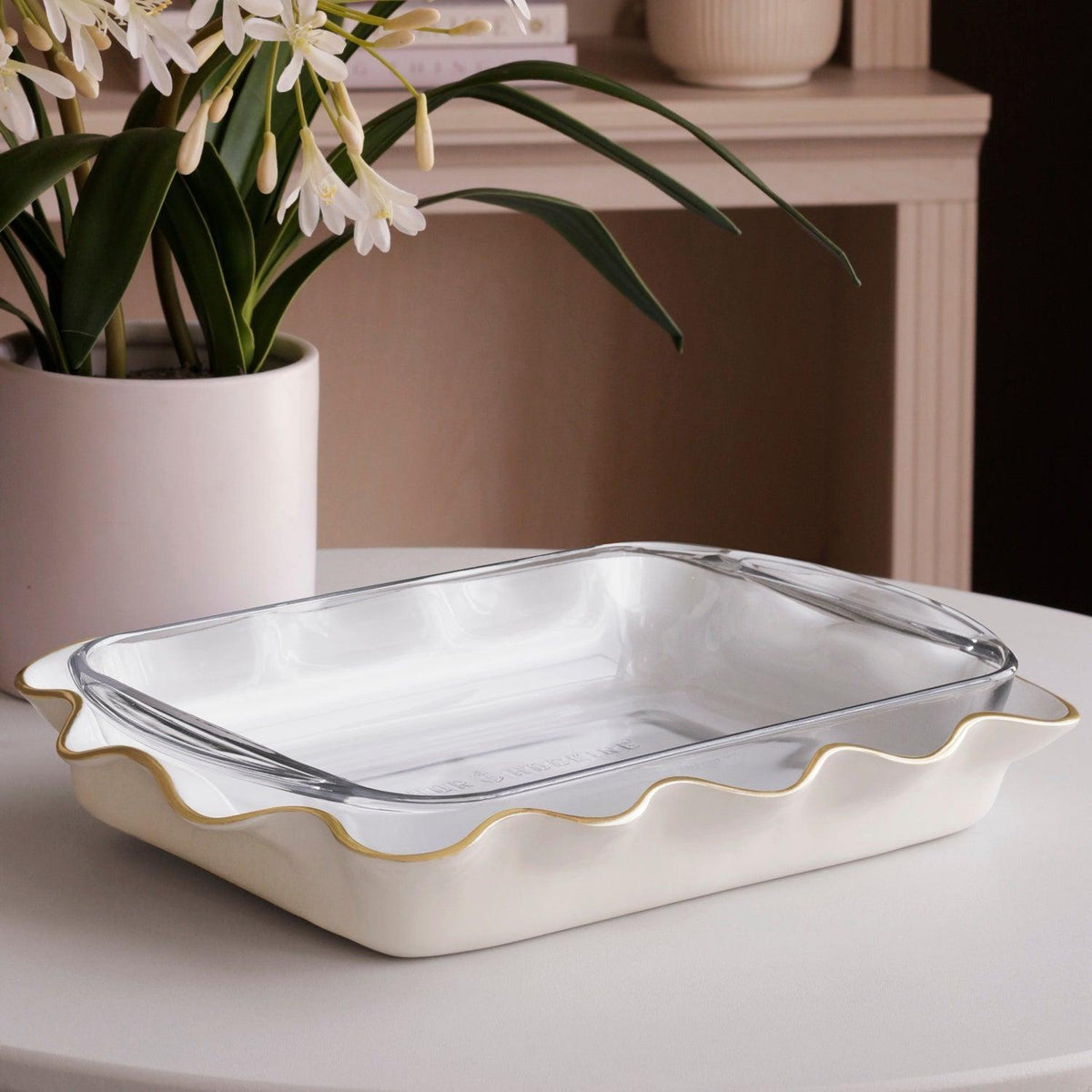Cream & White Carola Rectangle Casserole Holder - Casserole Top View | Bone & Brass