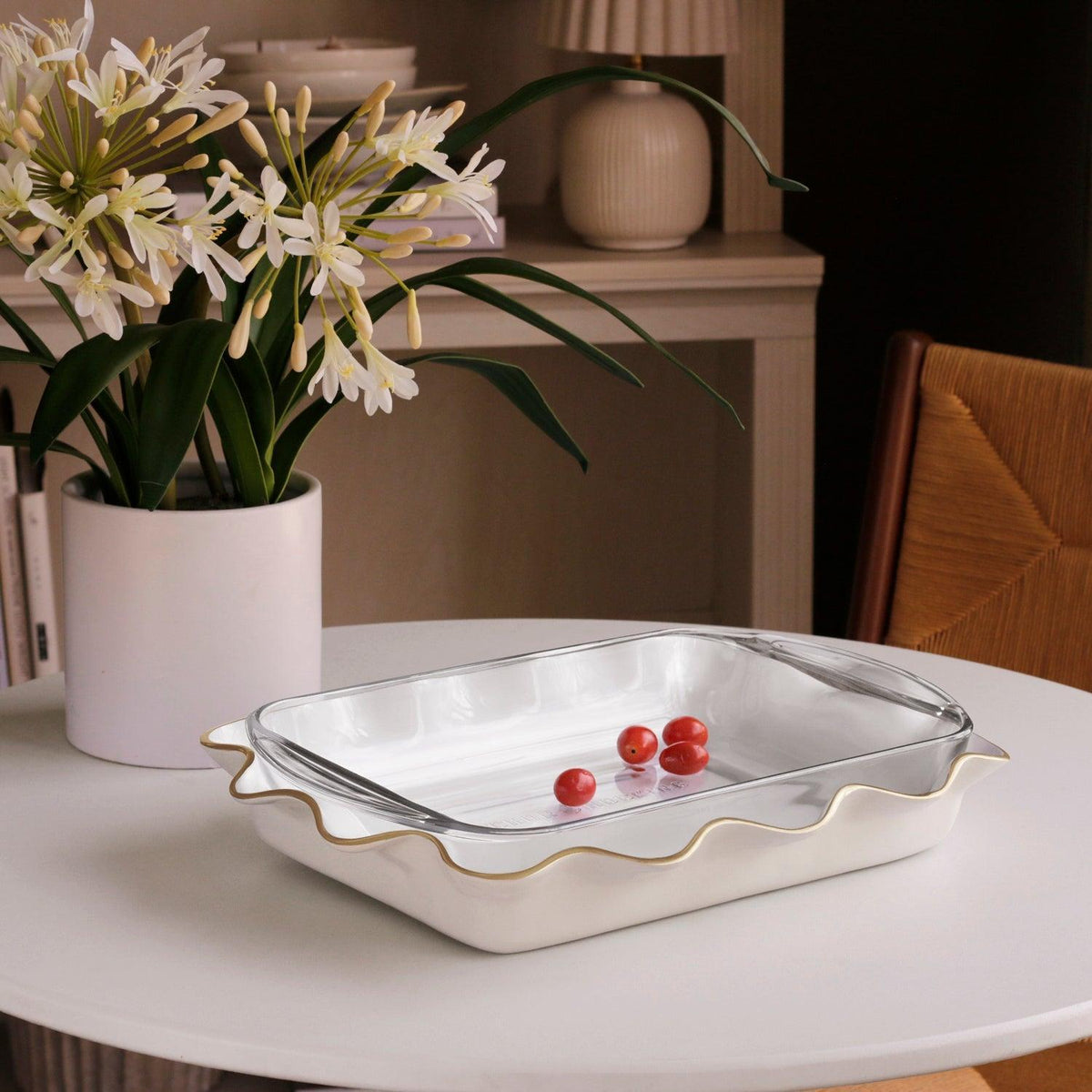 Cream & White Carola Rectangle Casserole Holder - Casserole Detail | Bone & Brass