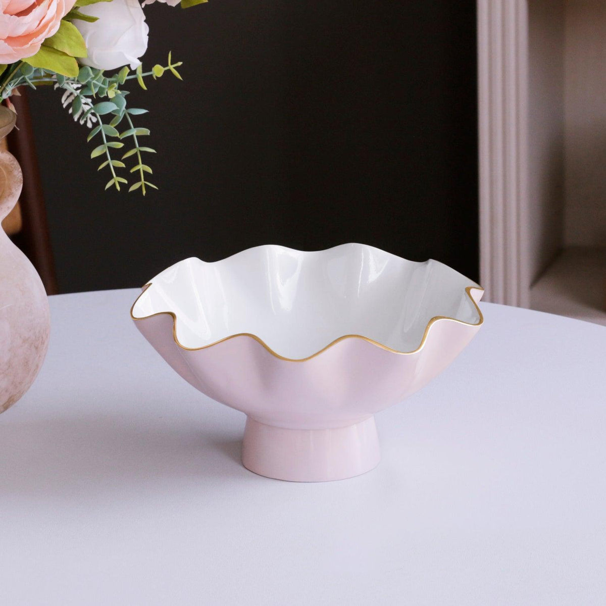 Encanto Carola Small Pedestal Bowl Blush Pink & White - Bowl Side View | Bone & Brass