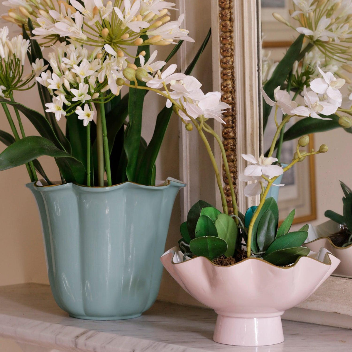 Encanto Carola Small Pedestal Bowl Blush Pink & White - Bowl Top View | Bone & Brass