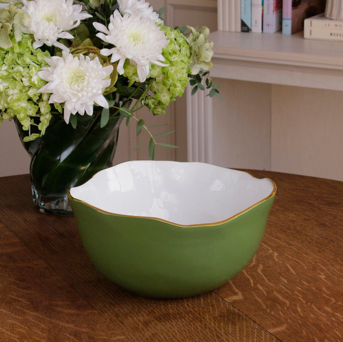 Encanto Osaka Large Bowl Leaf Green White - Bowl Top View | Bone & Brass