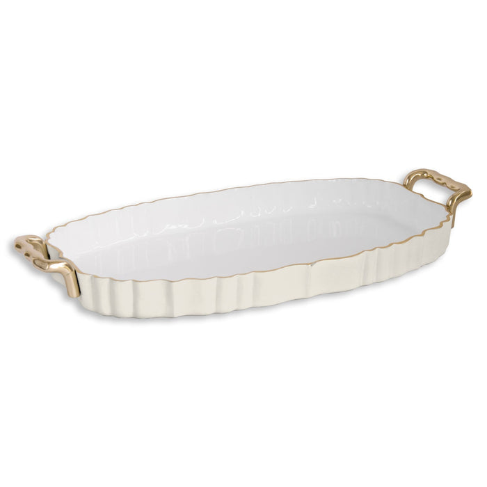 Encanto Vintage Fluted Oval Tray Handles Cream White